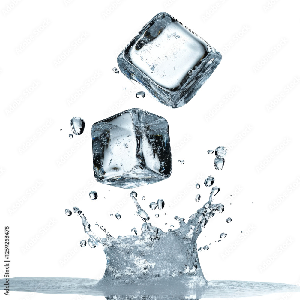 Poster ice cubes splashes into clear water creating bubbles and ripples in a refreshing drink environment i
