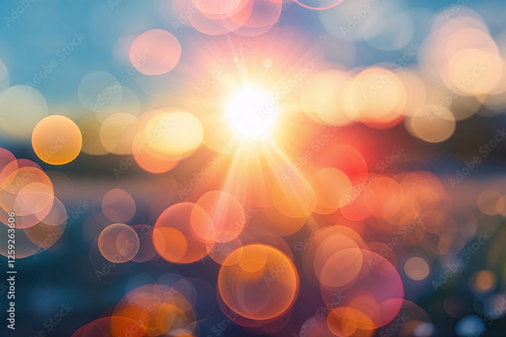Poster blur glow overlay with bokeh sunlight and lens flare effect in defocused colours