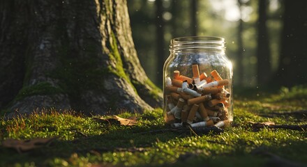 Obraz premium Collecting Cigarette Butts in Jar Near Tree Demonstrates Environmental Pollution