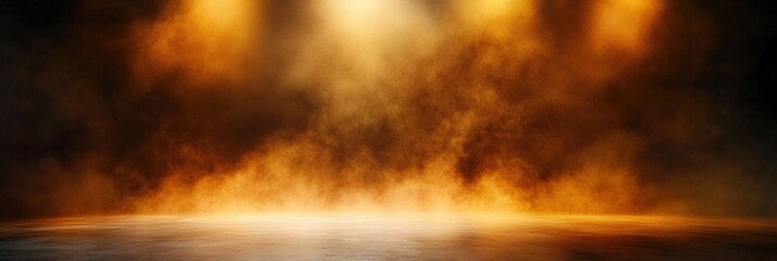 Naklejka premium A dramatic background featuring a warm, smoky atmosphere illuminated by soft spotlights, creating an ideal setting for product display or theatrical presentations.