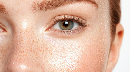 Dewy skin with freckles and luminous smoothness, highlighting natural beauty