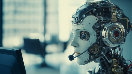 robot call center agent wearing a heat set and microphone taking a call with electrical plug on back of head