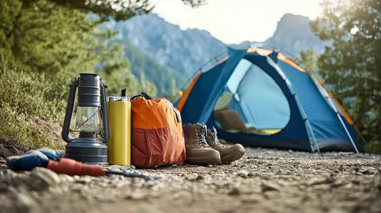  Organized camping tools at a mountain campsite, emphasizing preparation and adventure. Ideal for outdoor and camping content. © keshia