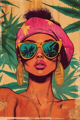 Stylish Woman  Cannabis Leaves  Retro Sunglasses  Summer Vibes