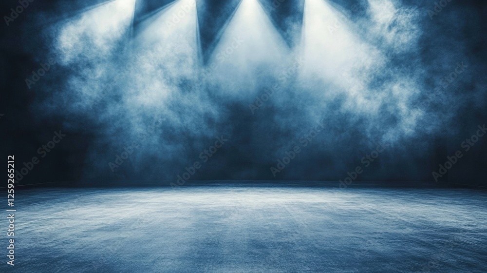 Poster empty dimly lit stage with curtains and spotlights creating a moody atmosphere. ideal for theater, p