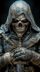 Obraz premium A detailed, close-up view of a menacing skeletal figure holding a sword, set against a dark backdrop