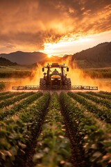 Naklejka premium Tractor spraying crops at sunset, low angle, golden light