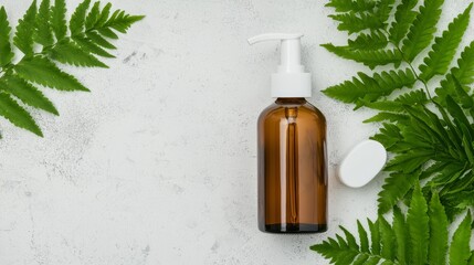 Fototapeta premium Natural skincare product home setting bottle image greenery background top view eco-friendly concept