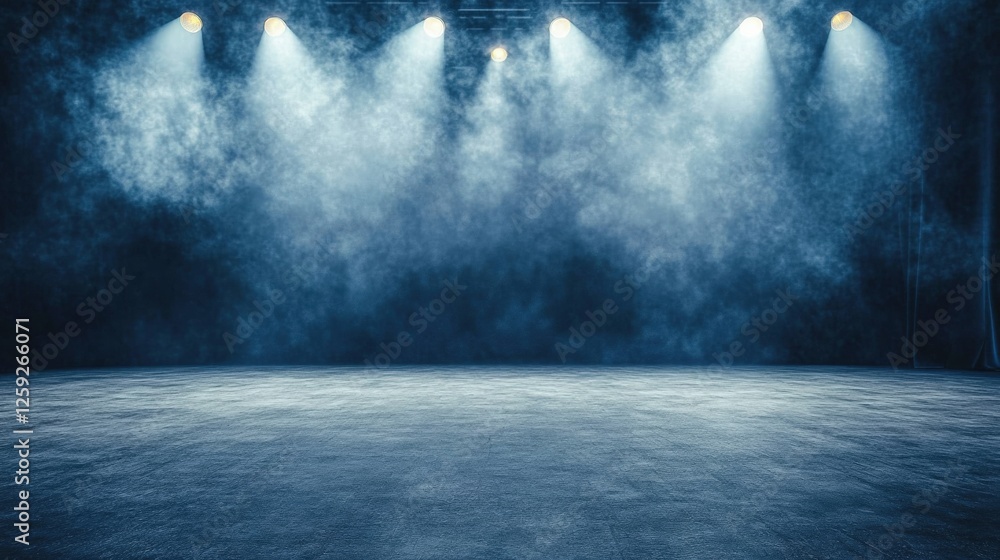 Poster empty dimly lit stage with curtains and spotlights creating a moody atmosphere. ideal for theater, p