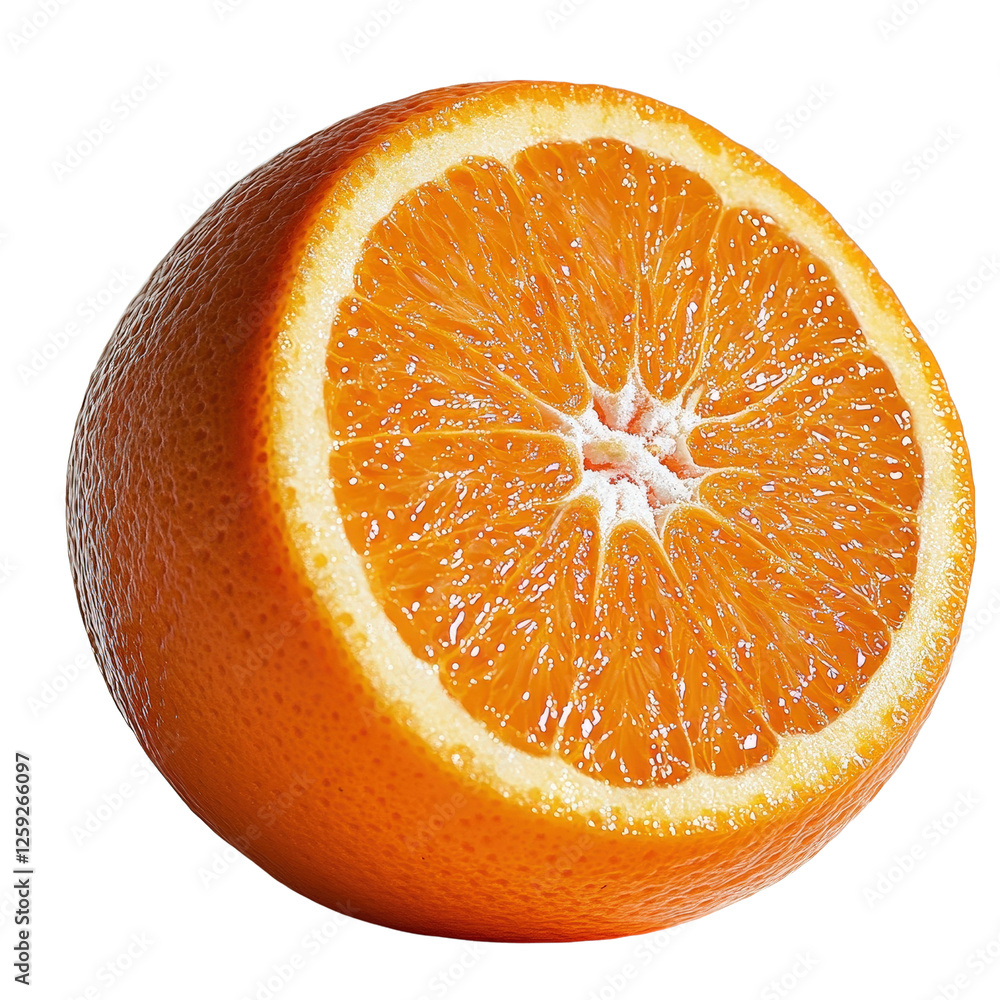 Poster half of a fresh orange slice with vibrant color and texture on a white background isolated on a whit
