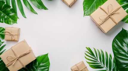 Gift boxes surrounded by tropical leaves flat lay composition nature inspired greenery aesthetic style