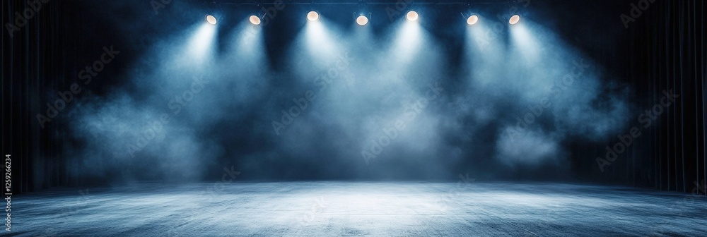 Poster empty dimly lit stage with curtains and spotlights creating a moody atmosphere. ideal for theater, p