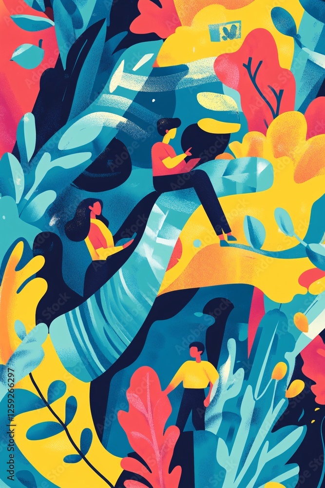 Poster people connecting and communicating in a vibrant abstract world