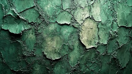 Close-up of weathered green paint peeling off a textured surface, revealing layers underneath