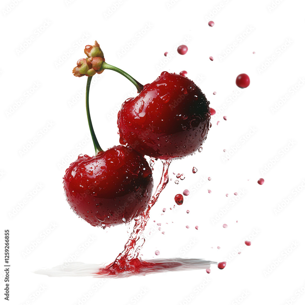 Poster cherry fruit splashing into a white liquid creating a dynamic and refreshing visual effect isolated 