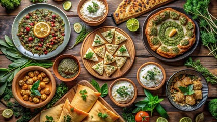 Aromatic Middle Eastern Feast Savory Dishes, Fresh Herbs, and Creamy Dips Arranged on Rustic Wooden Table