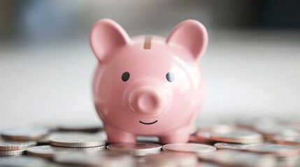 Pink piggy bank standing on increasing stacks of coins