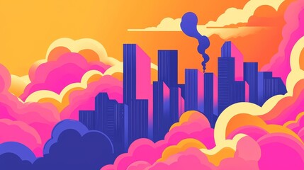 Obraz premium Urban landscape illustration city skyline digital art colorful clouds vibrant environment artistic perspective