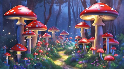 Enchanted Forest with Giant Glowing Mushrooms at Night. Seamless looping 4K video animation background - Powered by Adobe