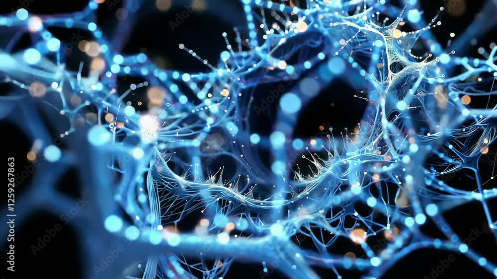 Poster futuristic neural network visualization with glowing blue connections and dynamic motion