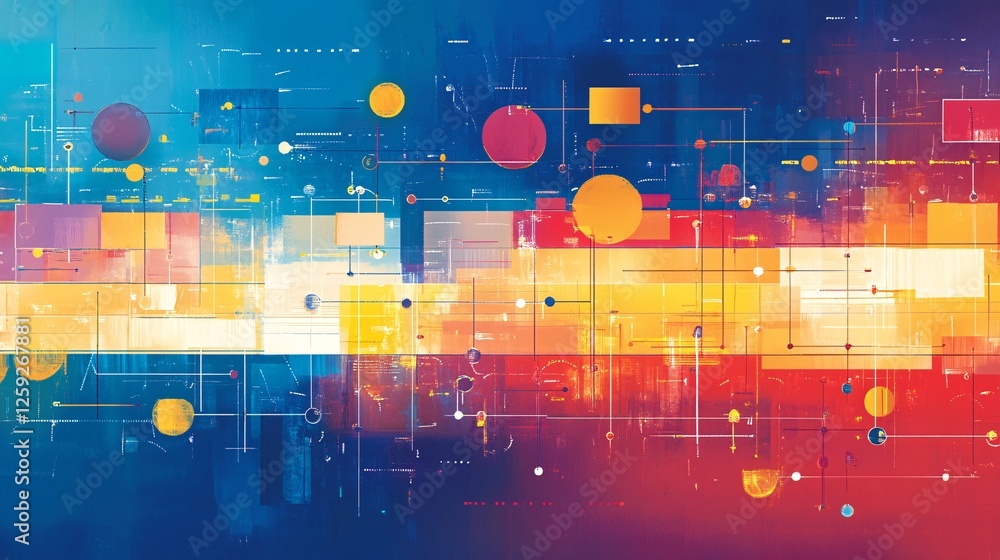 Poster Abstract colorful geometric shapes background connecting with lines and circles
