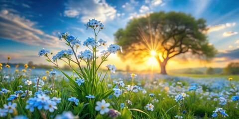 Obraz premium Serene Sunset Meadow Landscape Featuring Delicate Blue Flowers and a Majestic Tree