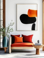 Modern Interior Design Featuring Cozy Sofa With Decorative Pillows, Abstract Art On Wall, Minimalist Living Room Context