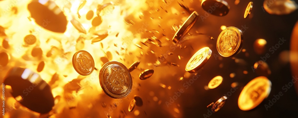Aufkleber Bitcoin cryptocurrency coins exploding in fiery chaos