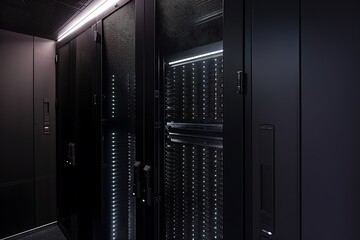 Modern rack with lighting on server room data center