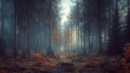 Obraz premium Mystical Forest Path with Tall Trees, Fog, Golden Leaves, and Soft Light Streaming Through the Dense Woodland