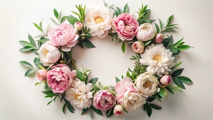Floral Wreath of Delicate Pink and White Peonies with Lush Green Foliage Arranged in a Circular Pattern on a Soft White Background
