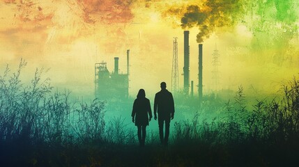 Industrial sunset a couple against a colorful skyline factory landscape atmospheric viewpoint environmental reflection