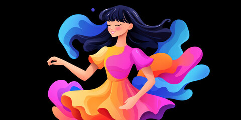 vibrant young woman dances joyfully in colorful dress, surrounded by flowing shapes