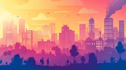 Urban sunset scene city skyline digital art vibrant environment panoramic view peaceful concept for reflection