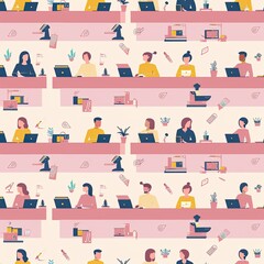 Colorful illustration of people working at laptops in an office setting
