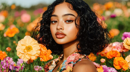 Naklejka premium Youthful woman with curly hair in vibrant flower field, showcasing beauty and nature colors