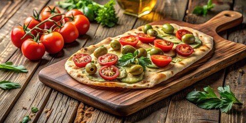 Delicious flatbread topped with sliced tomatoes, olives, and herbs on a rustic wooden board