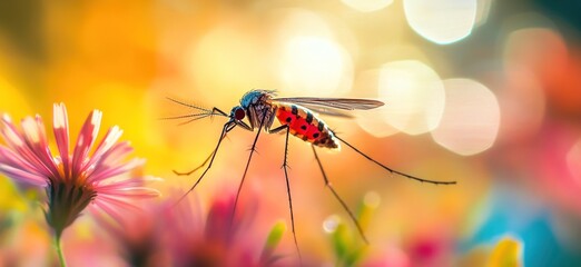 Vibrant Mosquito on a Flower in a Sunlit Meadow