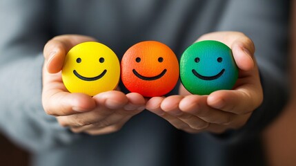 Businessman holding three colorful smiley face icons showing positive feedback
