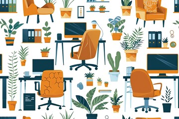 Home Office Workspace with Plants and Comfortable Chairs