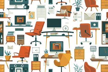 A Seamless Pattern Of Mid Century Modern Office Items