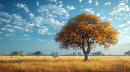 Obraz premium Majestic solitary tree with golden leaves in a vast golden grassland under a blue sky