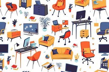 Colorful Office Furniture And Workspace Items Seamless Pattern
