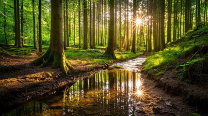 Obraz premium Serene Forest Landscape with Sunlight Glimmers Reflected in Stream Surrounded by Lush Green Trees and Vibrant Nature in Harmony