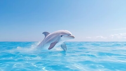 Fototapeta premium Dolphin leaping ocean; sunny day; clear sky; travel brochure