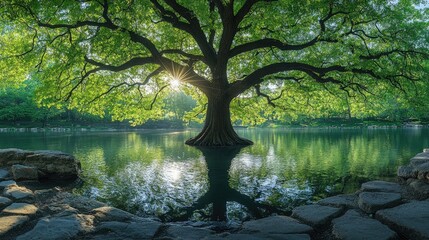 Majestic tree with vibrant green leaves reflecting in tranquil lake during golden hour