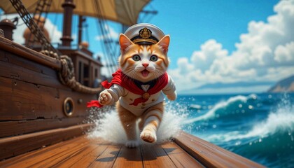 Cat sailor on the deck of a sailing ship. Sea background.