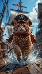 Cute ginger cat in pirate costume and hat on the background of old ship