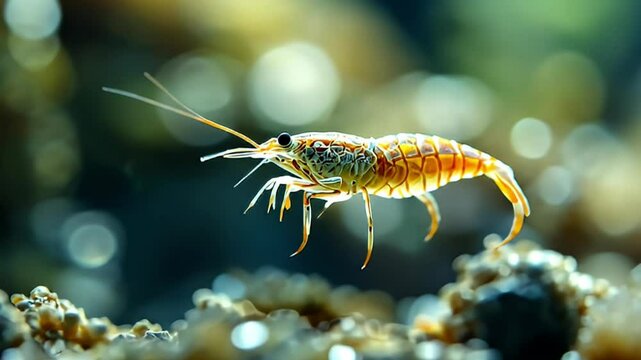 A translucent amber shrimp ambulates on a textured substrate.