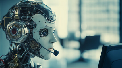 robot call center agent wearing a heat set and microphone taking a call with electrical plug on back of head